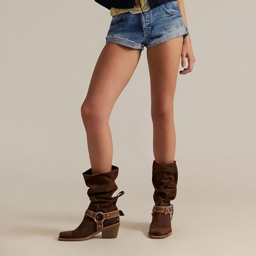 MAVMAX Cowboy Boots with Buckle Slouchy Pull on Mid Calf Boots Cowgirl Fashionable Stacked Chunky Heels Booties for Women Ladies Suede4