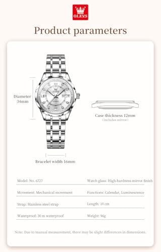 Image of OLEVS Womens Diamond Watches Automatic Mechanical Gold Luxury Dress Ladies Self Winding Original Stainless Steel Wrist Watch