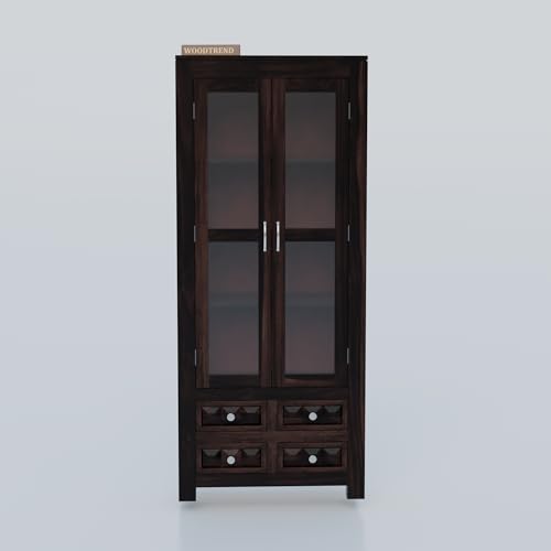 Image of Wood Book Shelf with Glass Door, Wooden Bookshelf for Home Library, Kitchen Crockery Cabinet, Study Room Furniture, Books Rack, Book Stand, BookCases, Bookshelves (Walnut Finish)
