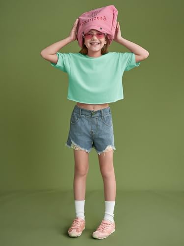 Image of Girls Athletic Oversized Crop Tops Kids Drop Shoulder Short Sleeve T Shirts Workout Tees 5-14 Years