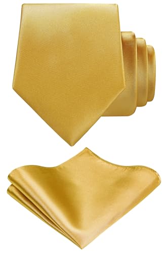 TIE G Solid Satin Woven dyed Color Formal Black Necktie and Pocket Square Sets in Gift Box (Gold)