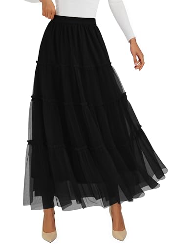 PRETTYGARDEN Tulle Skirts for Women 2025 Fall Fashion Elastic High Waisted Tiered Flowy A-Line Casual Maxi Long Skirt