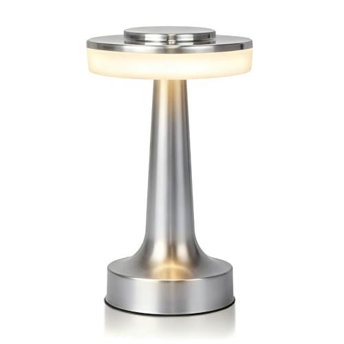 JHPGEOE Lámpara de escritorio de metal inalámbrica, con control de sensor táctil, lámpara de mesa LED, 3 colores, regulable, funciona con pilas, para sala de estar, dormitorio, oficina en casa (plata)
