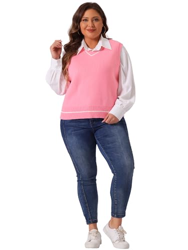 Image of Agnes Orinda Plus Size Sweater Vest for Women V Neck Stripe Cable Knit Sleeveless Pullover Sweater Vest