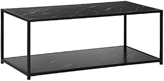 HOMCOM Coffee Table with Marble Effect Top, Two-Tier Cocktail Table, Modern Snack Table with Steel Frame and Storage Shelf, Black