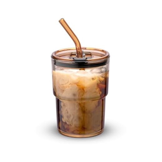 BLUEPOLAR 13oz/400ml Tumbler Water Glass, Iced Coffee Cups with Straw and Lid Sealed Carry on, Glass Coffee Mug Iced Tea Cup Thick Wall Insulated Glass Cup (Amber)