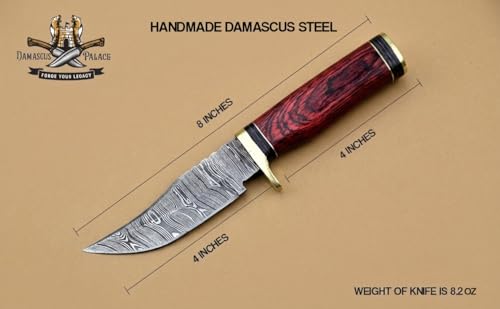 Damascus Steel Handcrafted Fixed Blade Hunting Knife, 8-Inch Skinning Knife with Damascus Pattern Blade, Multicolor Wood Handle, Brass Guard, Leather Sheath (Burg/Black) by Damascus Palace - Used condition - Image 2