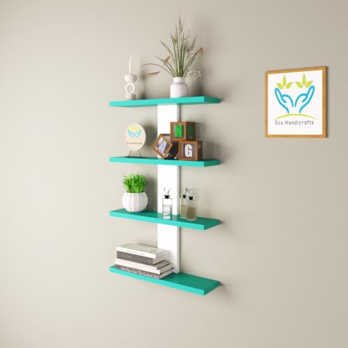 Image of Wooden Wall Mounted Floating Rack Shelves Book Stand Display Hanging Shelf Living Room Bedroom Storage Home Office for Decoration Showcase (Cyan White)