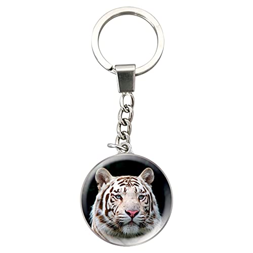 Magnidome Deluxebase Keychains - Tigre Blanc de Porte-clés Breloque en Verre de Cristal. Porte-clés photo de Tigre en forme de dôme avec une chaîne en acier inoxydable