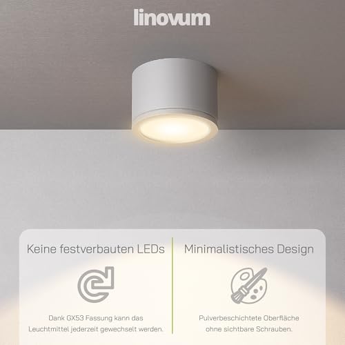 linovum NUHA 4er Pack Aufbauleuchte IP44 weiß rund 230V mit Fassung für GX53-4x flache Badezimmer Spots Decke Ø 90 mm rostfrei