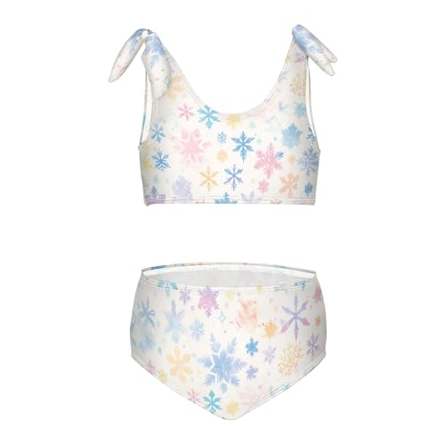 Christmas with Snowflakes Watercolor Girls Two Piecing Kids Bikini Set Scoop Neck Bathing Suit Swimwear Adjustable
