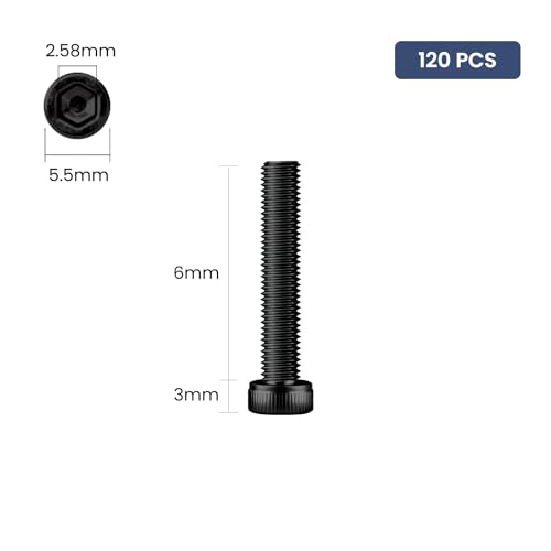 120pcs M3 x 6mm Hex Socket Head Cap Screws Bolts, 12.9 Grade Alloy Steel, Black Oxide Finish, Allen Socket Drive, Full Threads,with Hex Spanner