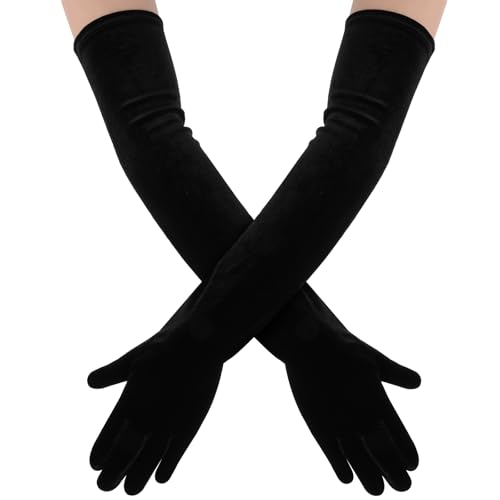 Lusofie Gants Longs Noir en Velours Femme Années 1920 Gants Noir d’Opéra pour Femme Gants de Mariée Noirs Gants de Mariage de Carnaval d’Halloween