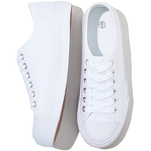 Uoidru White Tennis Canvas Shoes for Women Black Canvas Sneakers Womens Fashion Sneakers Classic Lace Up Walking Shoes