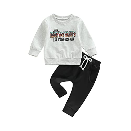 Image of Western Baby Boy Clothes Mama's Little Man Sweatshirt Cow Print Top Pants Set 2Pcs Fall Winter Clothes Set