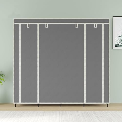 GTC® Collapsible Wardrobe Portable Foldable Closet for Clothes Almira, 2 Hanging Space, 8 Shelves and 2 Side Pocket Non-Woven Fabric 90 GSM (88130G-N (Grey))