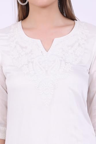 Image of Aurelia Women's White Embroidered Pure Cotton Straight Kurta with Palazzos & Dupatta Set