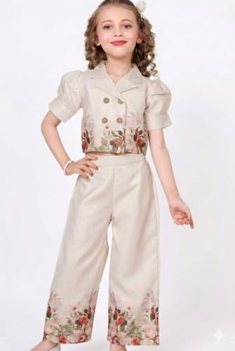 Image of BLOOD PANTHER Girls Floral Printed Cotton Blend Co-Ord Set - Stylish Summer Outfit with Crop Top & Wide-Leg Pants - Dress for Kids