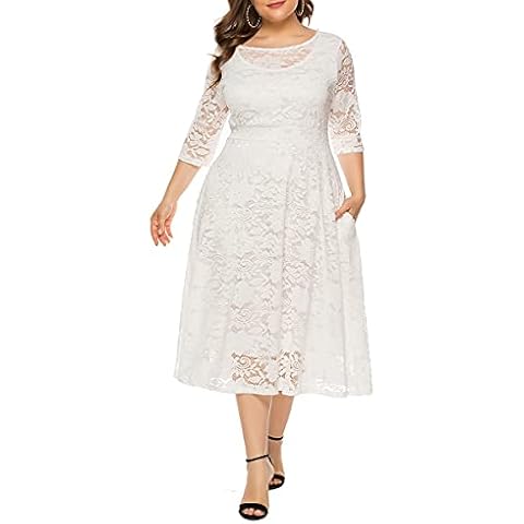 Women's Plus Size Vintage Lace Party Cocktail Wedding Swing Midi Dress with Pocket (White,3XL) Cover