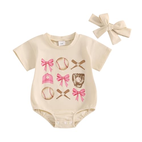 Newborn Baby Girl Baseball Outfit Pink Bow Baseball Romper Short Sleeve Bubble Bodysuit Infant Summer Clothes