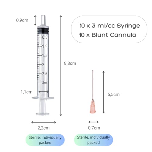 10 Stück x 3ml Spritze & 10 x Kanüle Spritzen-Set mit stumpfen Nadeln,verschiedene Größen:1 ml,3 ml,5 ml,10 ml,20 ml,30 ml,60 ml,für Hobby und Heimwerker,einzeln steril verpackt