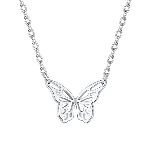 FindChic Butterfly Necklace for Women Girls Stainless Steel/925 Sterling Silver/Gold Plated Dainty Necklace Small/Hollow-out/3D Stereoscopic Butterfly Design Jewelry Gift for Valentine Birth