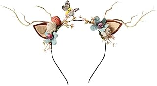EXCEART Christmas Flower Crown Reindeer Antlers Headband Light Up Led Floral Wreath Headdresses Forest Fairy Costume Photography Hair Hoop for Festive Women Girl