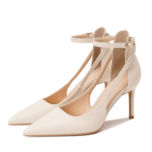 IvoireCh Décolleté da donna con tacco a punta, con cinturino alla caviglia, scarpe basse a spillo per matrimoni, feste, eventi serali, eleganti sandali a punta chiusa, Beige, 7