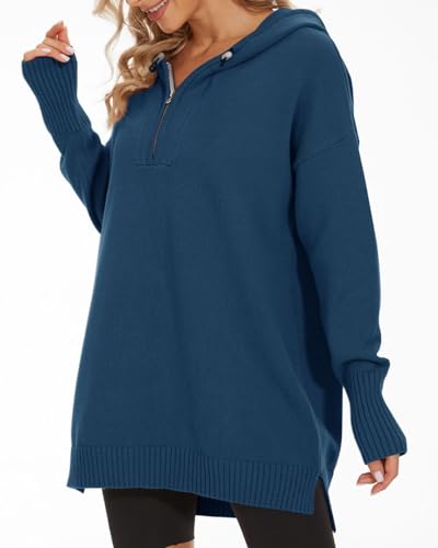 Women’s Hooded Sweater Loose Half Zip Drawstring Pullover Sweatshirt Top Casual Long Sleeve Side Slit Knit Hoodie4