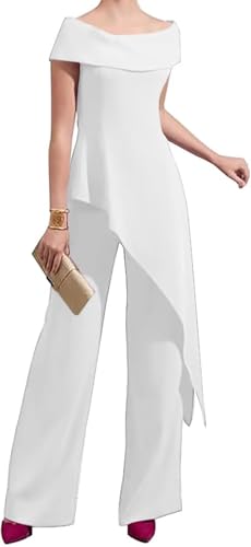 OERPPTA Plus Size Pantsuits for Special Occasions Fall White Chiffon Pant Suits for Women Dressy Wedding Off Shoulder Cocktail Outfits,US18w
