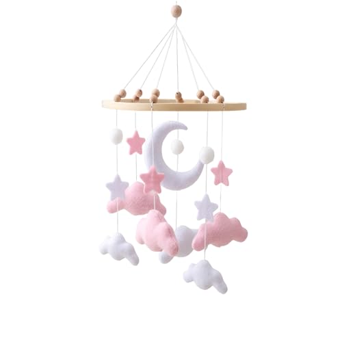 Image of GOODMOM Cloud Mobile for Crib - A Handmade Gender Neutral Cloud Crib Mobile with Moon and Stars Boho Nursery Decor Gender-Neutral Crib and Ceiling Mobile Hand Unisex (Pink)