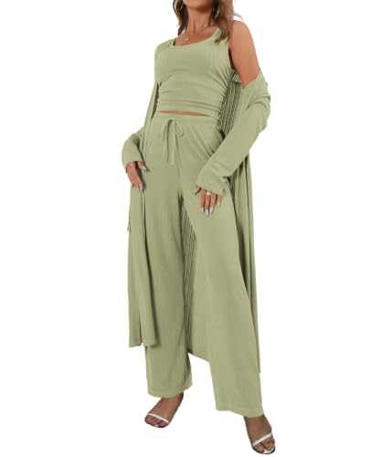 Image of 3 Piece Lounge Sets for Women Airport Travel Outfit | Long Cardigan,Tank Top ,Wide Leg Pants with Pockets,Comfy Loungewear,Casual Chic, Airplane Clothing,Vacation Matching Set
