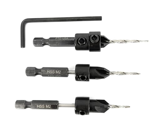 Image of FTG USA 3-Pk #4 (7 /64 inch) Countersink Drill Bit Set, 1 Stop, 1 Wrench & Case