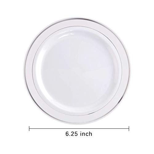bUCLA 100Pieces Silver Plastic Plates - 6.25inch White with Silver Rim Disposable Salad/Dessert/Appetizer/Small Cake Plates for Weddings, Parties&Gathering