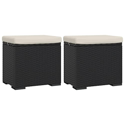 vidaXL Hocker mit Kissen 2 STK., Ottomane für Garten Terrasse, Sitzhocker mit Metallrahmen, Gartenhocker Outdoor Hocker Fußhocker, Schwarz Poly Rattan