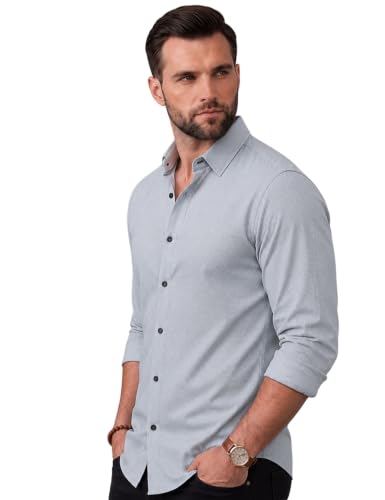 Image of NexaFlair Men's Regular Fit Solid Pattern Laffer Cotton Shirt with Long Sleeve Collared Neck Standard Length and Button Down Closure Type | Mens Casual Shirts | Man's Formal Shirts