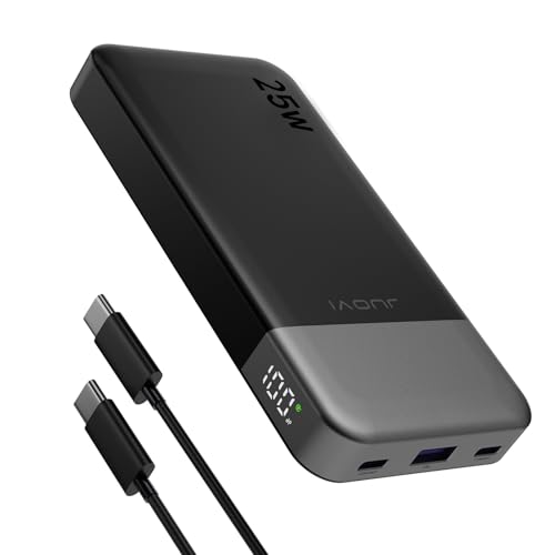 JUOVI Power Bank 10000mAh, 25W de Carga Rápida Pequeño Cargador Portátil con PD 3.0 y QC 4.0, USB C Cargador de Teléfono Ligero, de Doble Salida Compatible con iPhone16 15 14 Samsung (Negro, 10000mAh)