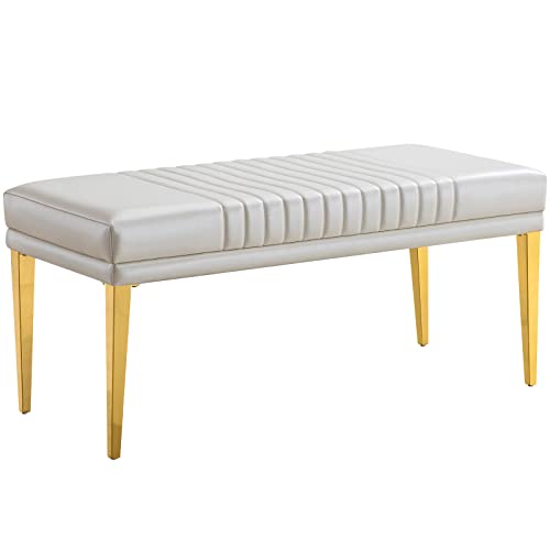 Azhome Modern Luxury Upholstered Bench, White Pu Leather Dining Room Channel Ottoman With Gold Stainless Steel Legs #TOP5