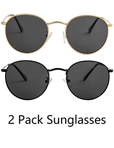Small Round Polarized Sunglasses for Men Women Classic Circle Metal Frame Sun Glasses 2 Pack4