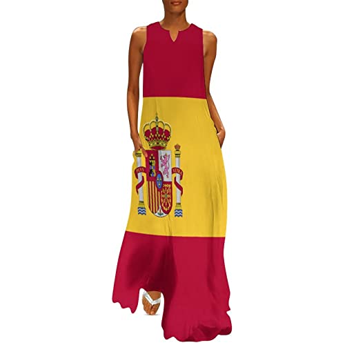 Image of TAIZIYEAH Long Dress Spain Flag Women's Summer Casual Loose Dress Long Dress Short Sleeve for Girls Fashion Skirts L