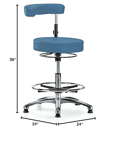 Perch Rolling Dental Stool Adjustable Height with Procedure Arm and Foot Ring, Stationary Caps, Workbench Height, Colonial Blue Vinyl