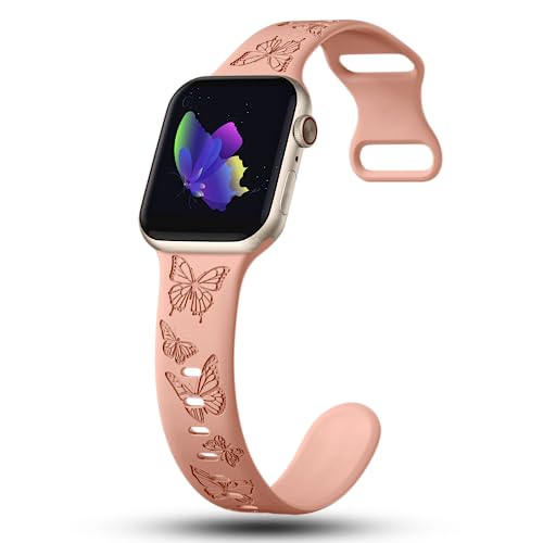 Image of Butterfly Engraved Bands Compatible with Apple Watch Band 41mm 40mm 38mm 49mm 46mm 49mm 46mm 45mm 44mm 42mm Women, Silicone Sport Strap for iWatch Series SE 10 9 8 7 6 5 4 3 2 1 SE Ultra