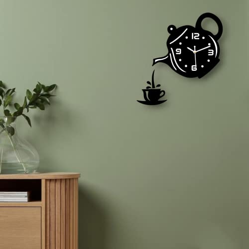Image of Designer Wooden Wall Clock | Unique Teapot Shape Wall Clock for Home, Kitchen, Living Room & Office | Decorative Modern Acrylic Wall Clock (Black)
