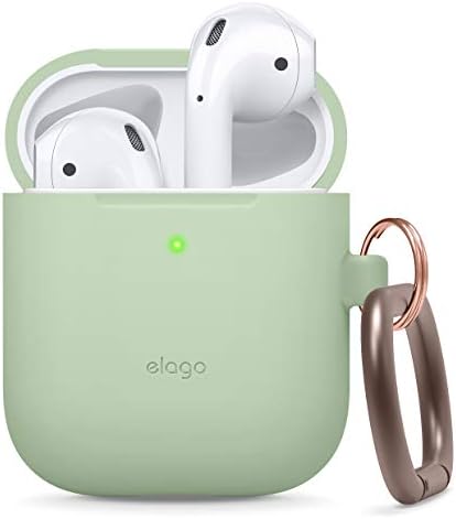 elago Silicone Case with Keychain Compatible with Apple AirPods Case 1 & 2, Front LED Visible, Supports Wireless Charging, Protective Silicone [Pastel Green]