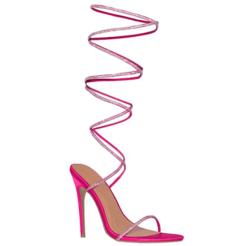 Tacones abiertos de tacón alto para mujer, con tiras de diamantes y puntera abierta, con amarre de la pierna y encaje envolvente, Correa de diamantes de satén fucsia con cordones, 36 EU Cover
