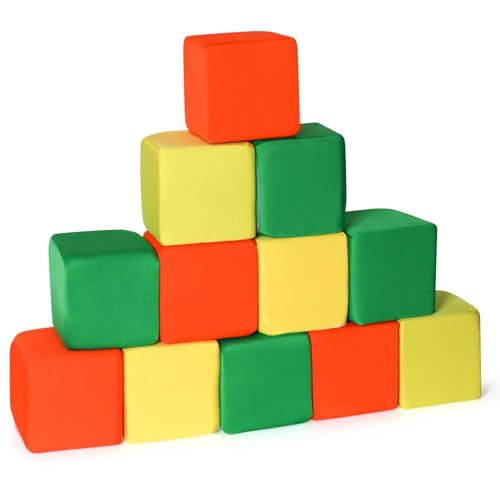 FUBOTRAD Foam Pit Blocks with Cover Foam Padding Sponge Pit Cubes Sponge Blocks for Amusement Park Gymnastics Freerunning and Parkour Courses - 12PCS 5" x 5" x 5" (Yellow/Green/Orange)