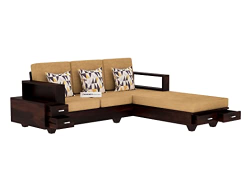 Image of Solid Sheesham Wood L Shape 5 Seater Sofa Set for Living Room, Wooden 5 Seater L Shape Sofa Set with Cushions (L Shape, Walnut)