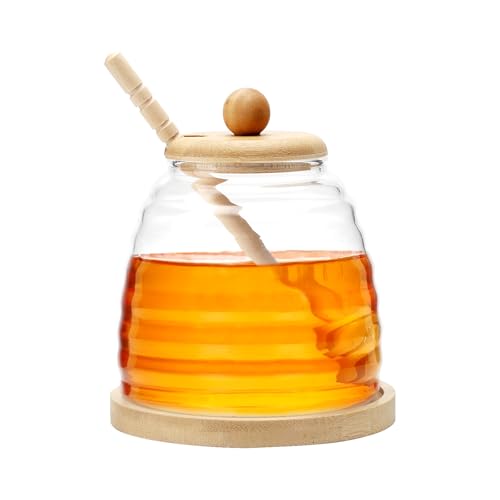 Pot a Miel Pot de Miel avec Cuillere en Bois Cuillère à Miel Distributeur de miel Pot à Miel en Bois avec Couvercle Récipient en Verre Scellé Pot à Miel à Large Ouverture 500ml