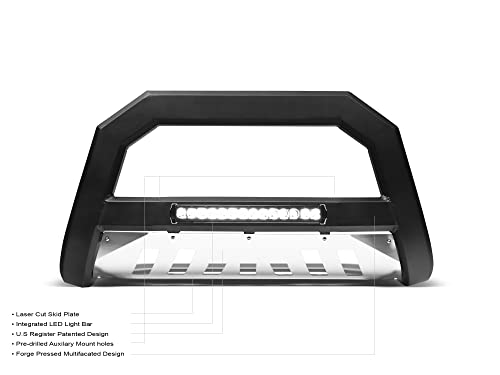 Image of Armordillo 8705209 AR Series Aluminum Bull Bar with LED Light Bar - Matte Black with Aluminum Skid Plate Fits 2019-2021 Chevy Silveardo /GMC Sierra 1500
