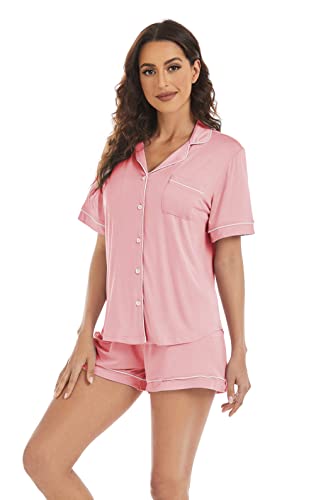 Lubot Women's Pajamas Set Short Sleeve Button-Down Shirt Pj Pants Two-Piece Shorts Set Summer Night Suit Sleepwear Loungewear (Pink, M) #TOP3
